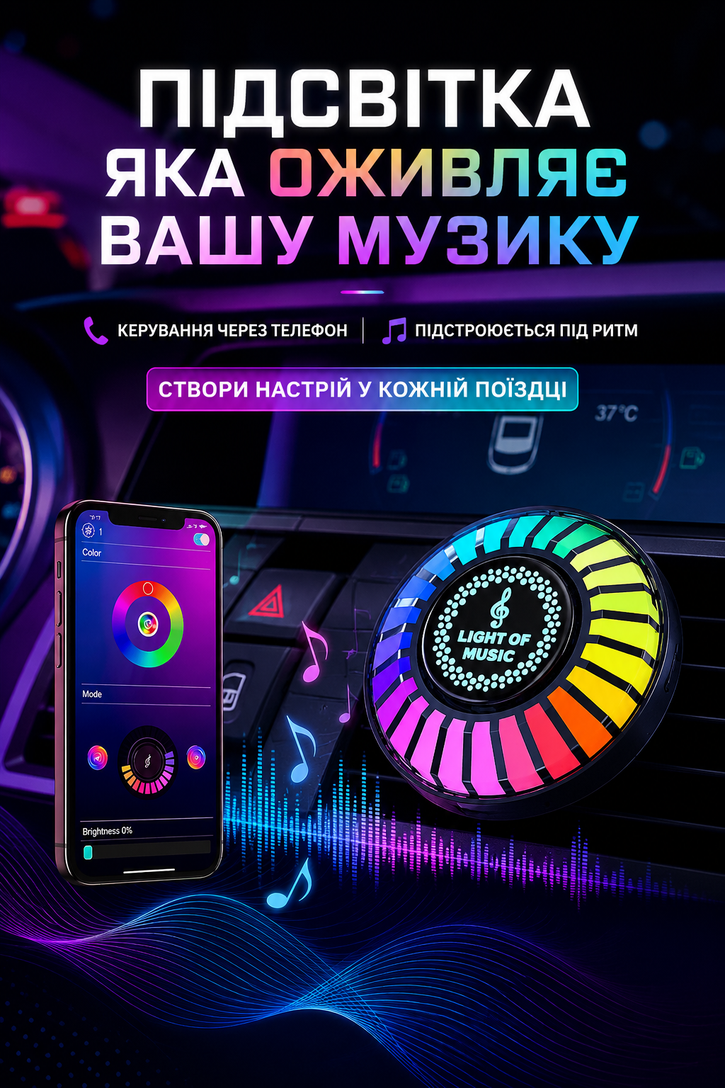 RGB-підсвітка UKC Q5 на дефлекторі авто з керуванням через телефон