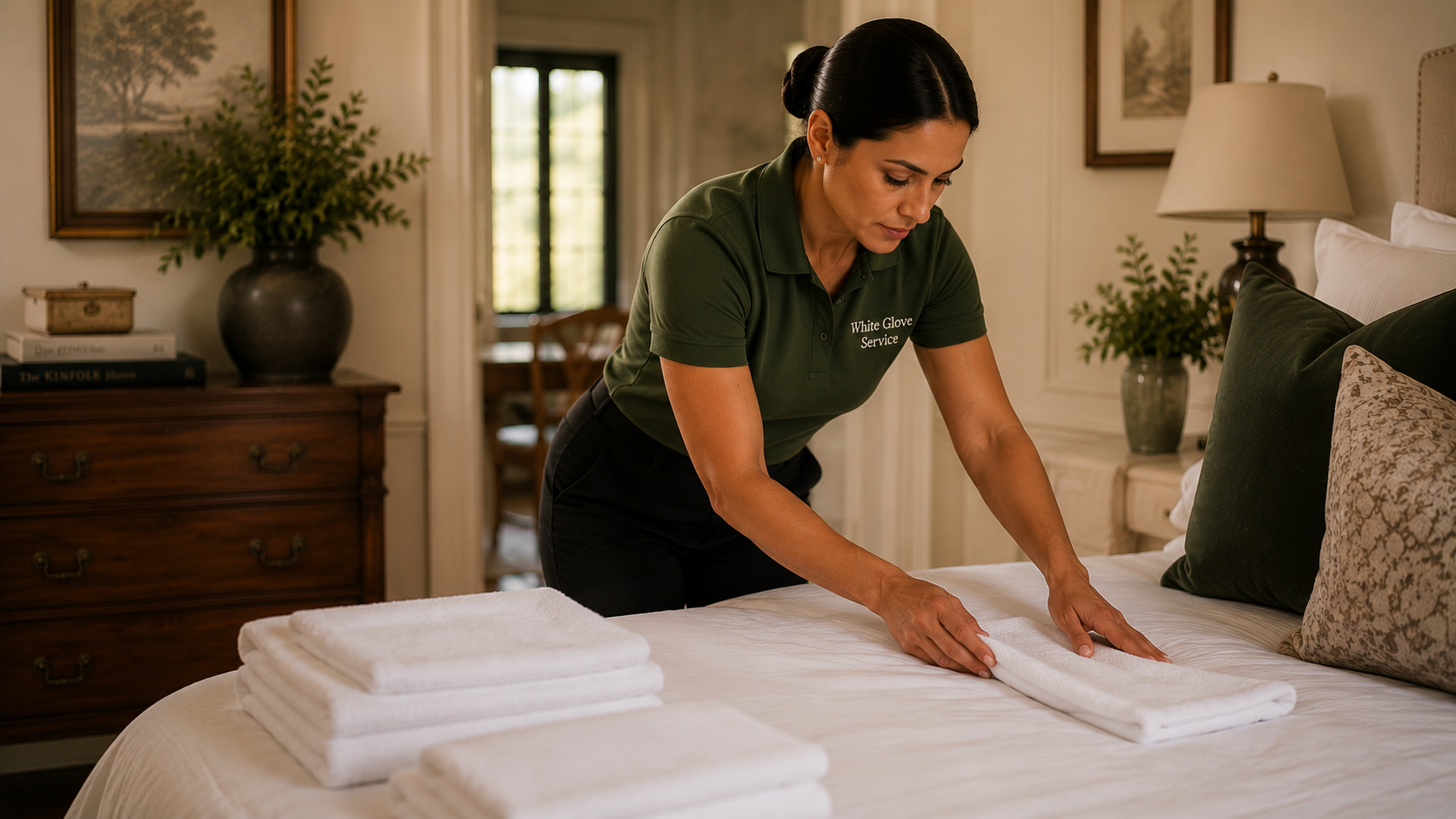 A freshly reset bedroom — the White Glove Service standard