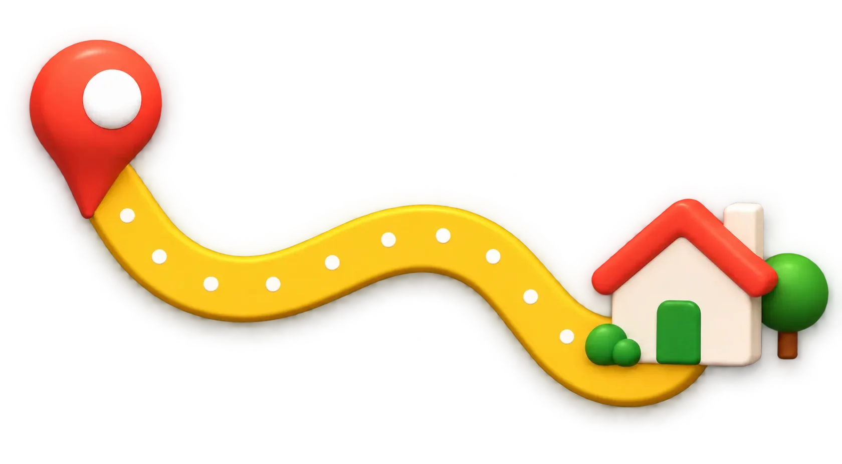 3D-Illustration eines Weges vom Standort-Pin zu einem Haus – IZSO NaturArt in Lahr kommt für den Kindergeburtstag auch zu Ihnen nach Hause