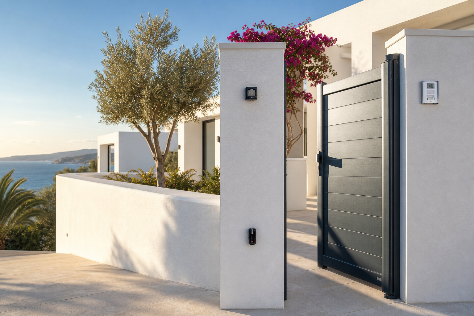 Puerta peatonal de aluminio a medida instalada en una vivienda contemporánea de la Costa del Sol, Málaga