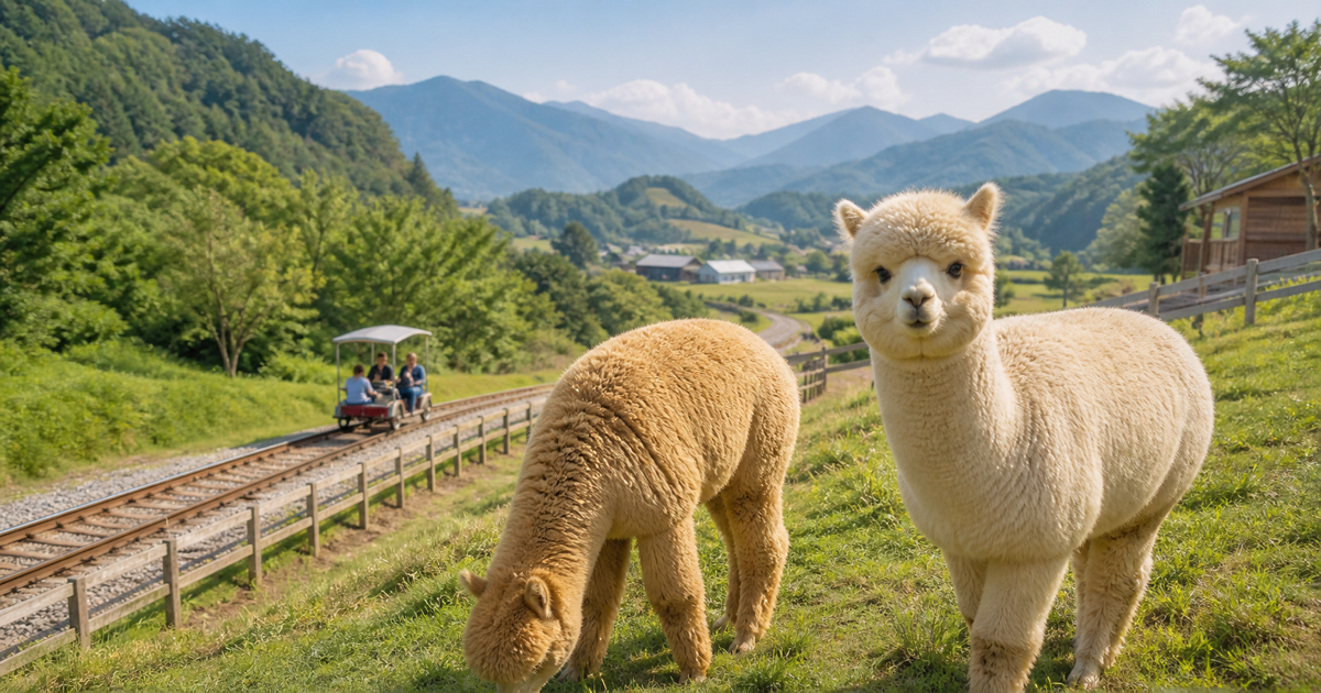 Alpacas in a green mountain landscape