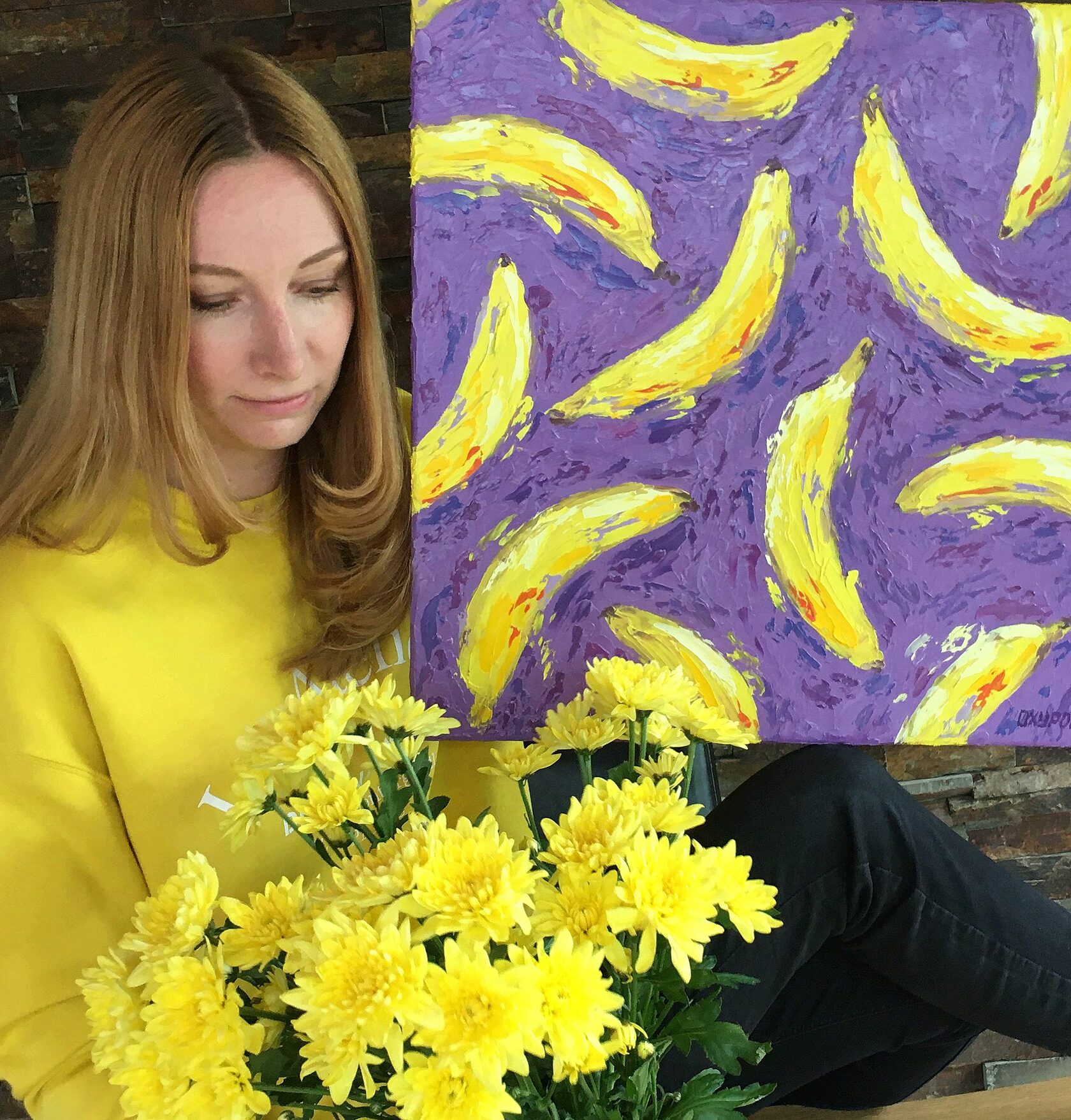 bananas oil painting, pop art, yellow and purple abstract art, banan knife painting, artist OXYPOINT Oxana Kravtsova, painting for sale 