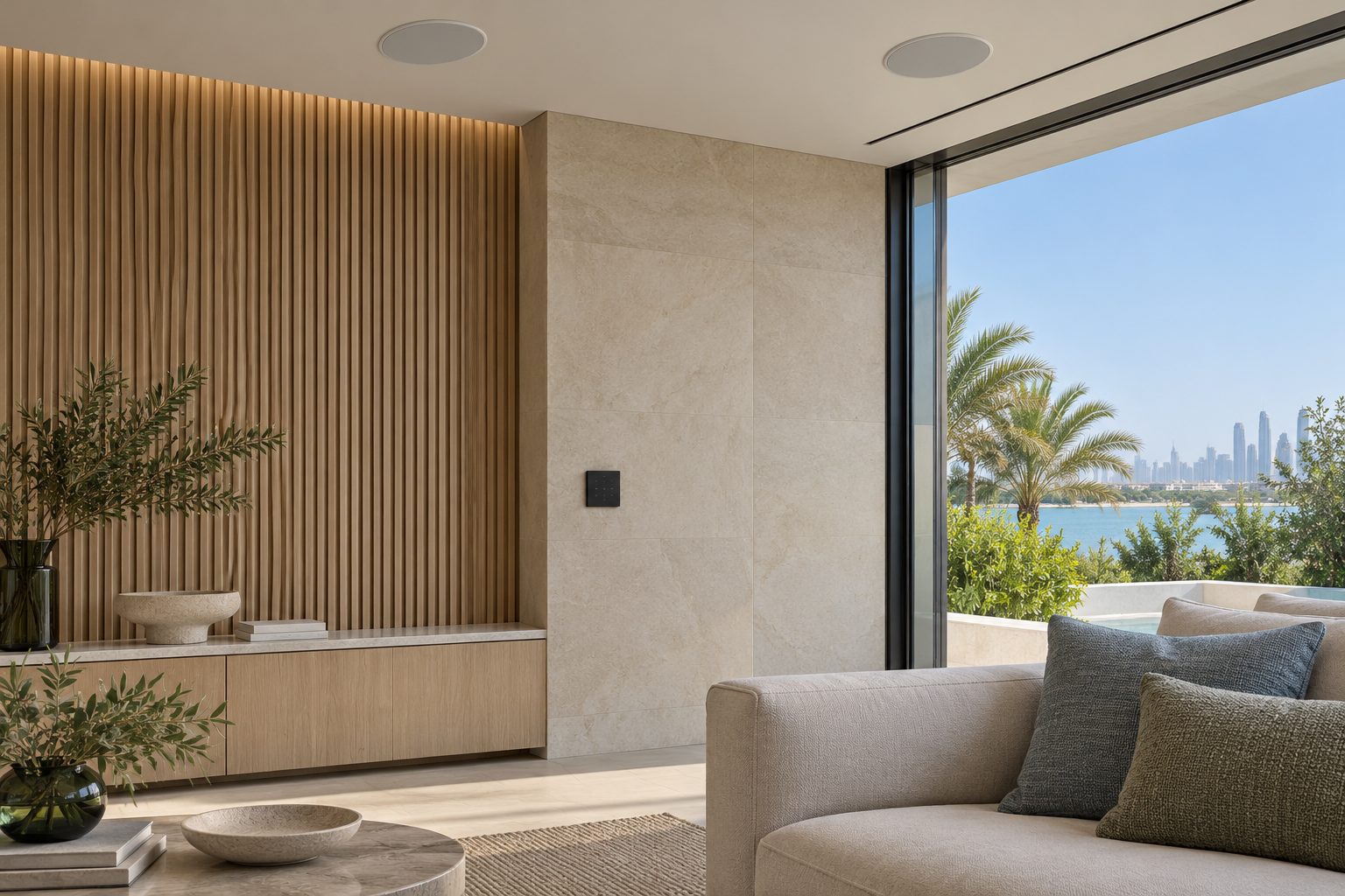 Discreet ceiling speakers and wall control in a contemporary Dubai living room