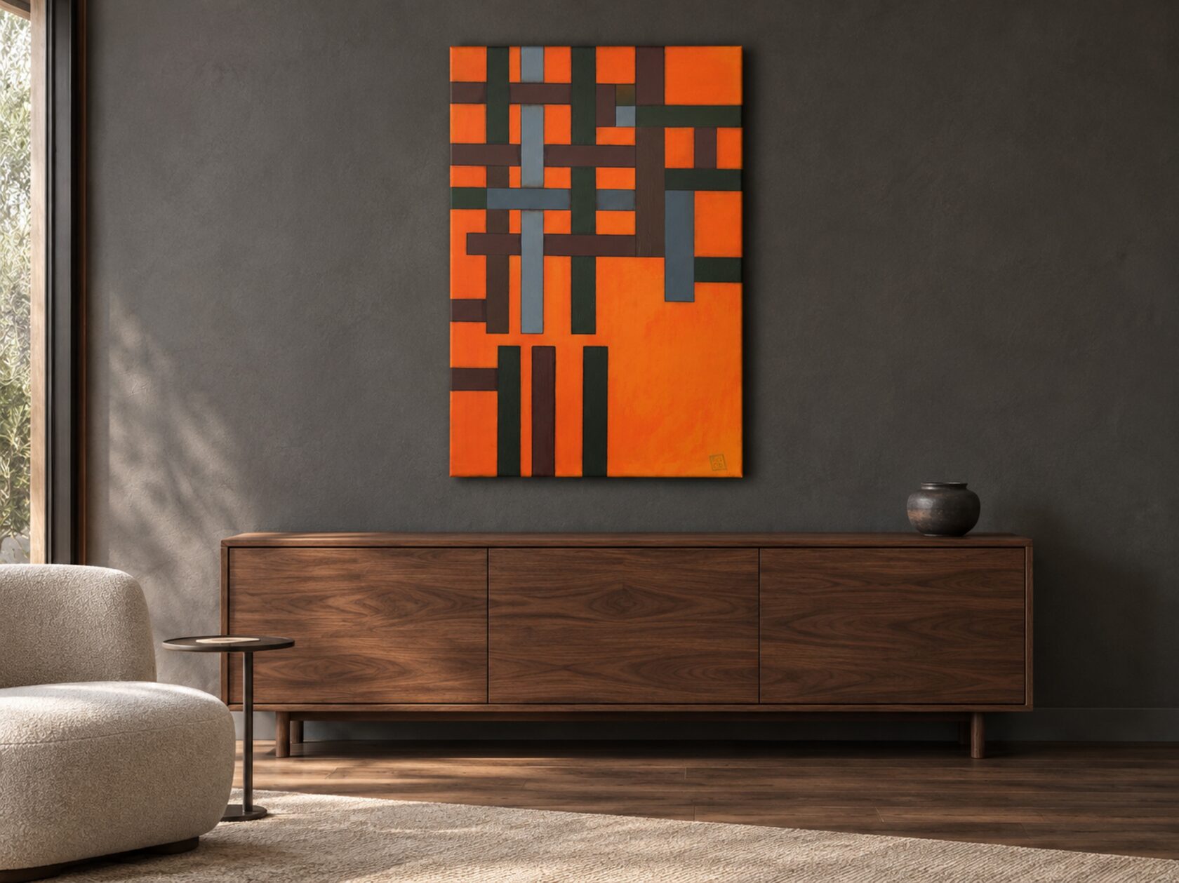 Œuvre géométrique originale dans un intérieur