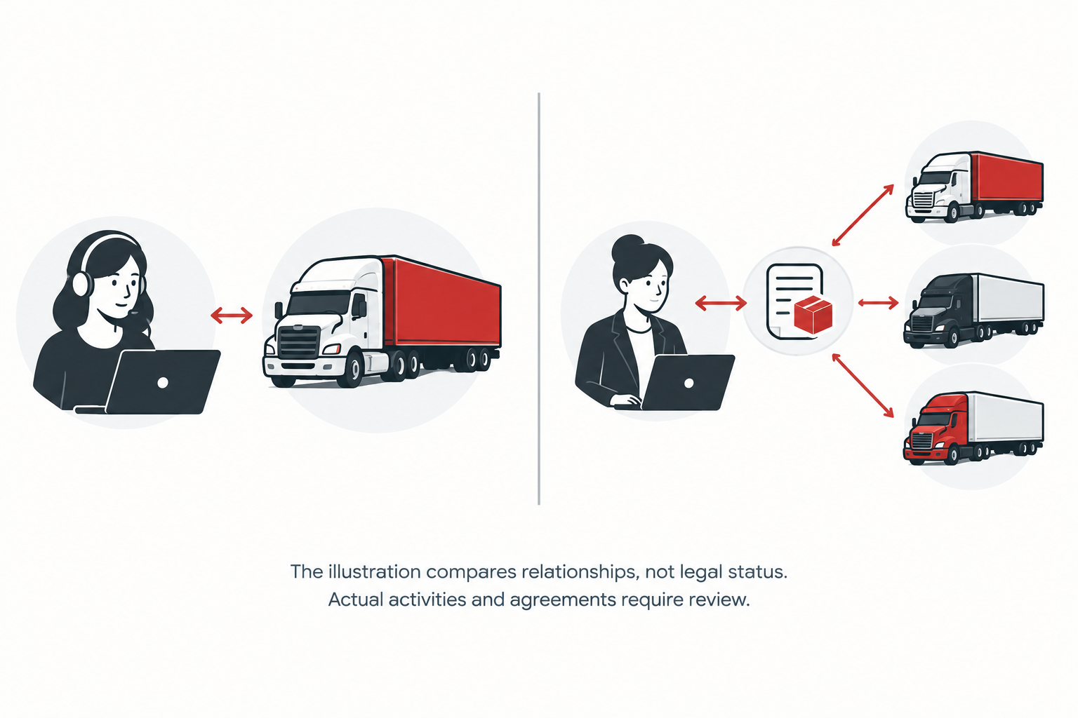 Conceptual diagrams showing different business relationships in dispatching and brokerage.