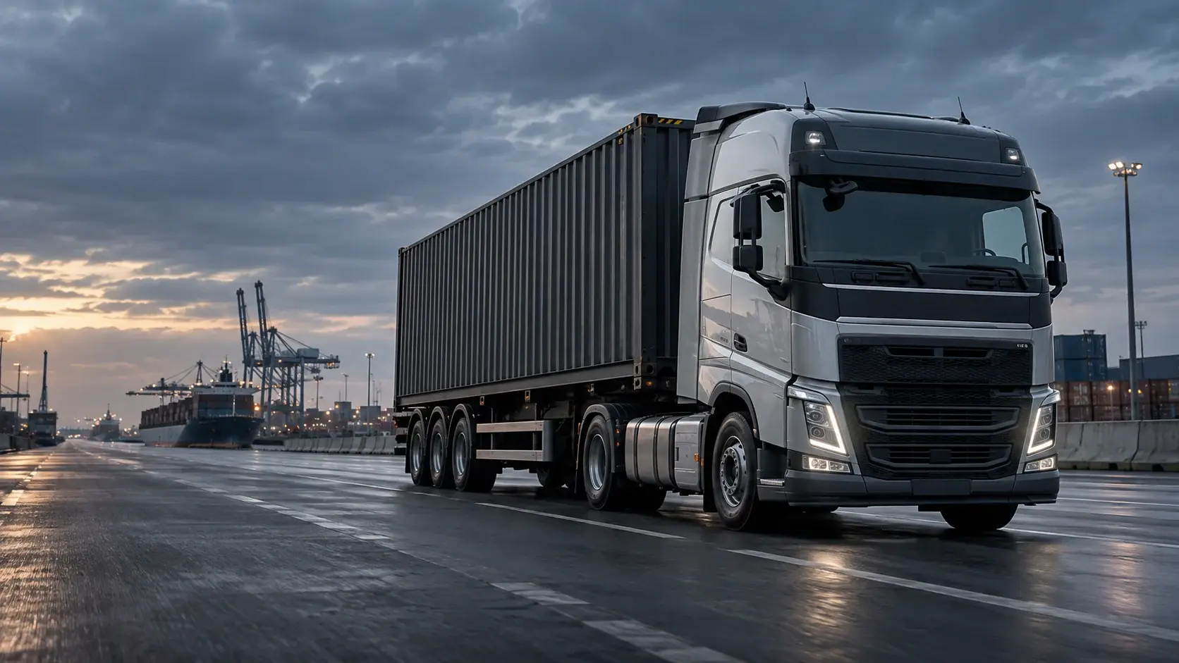 European tractor unit transporting a shipping container on an industrial road