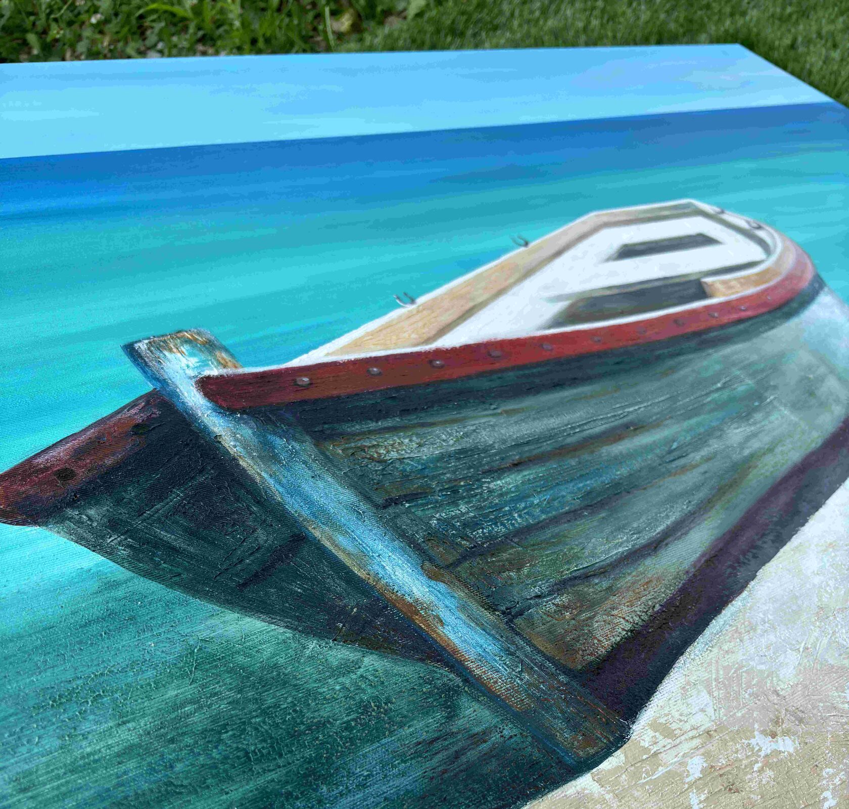 Acrylic painting boat, mixed media, turquoise sea, waves, seascape, painting for sale Oxana Kravtsova Oxypoint