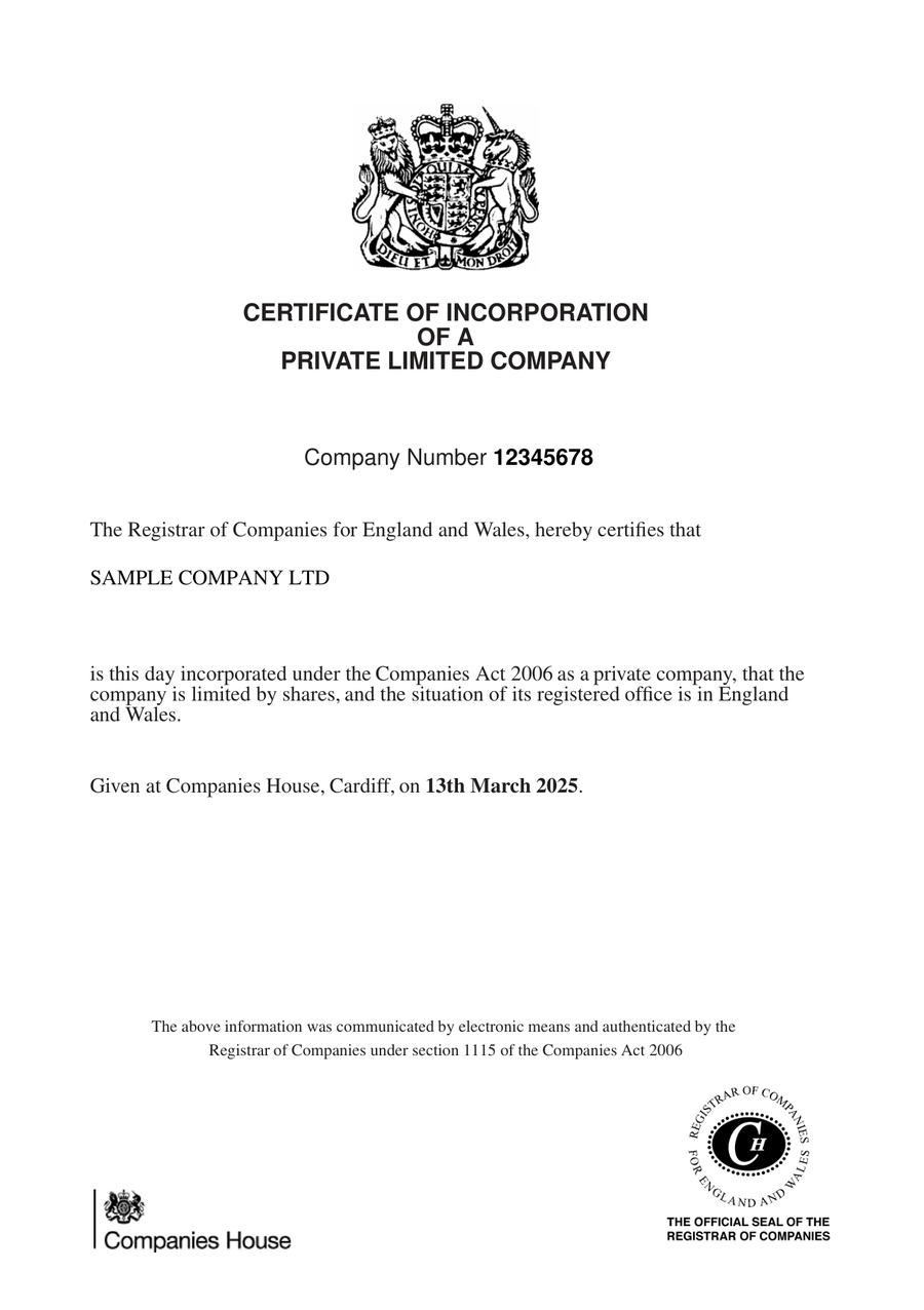 Certificate of Incorporation UK