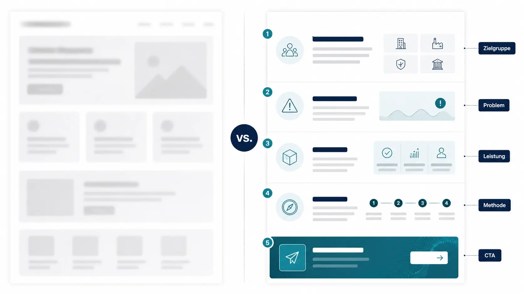 Vergleich zwischen generischem Website-Text und klar strukturiertem B2B-Content mit Zielgruppe, Problem, Leistung, Methode und CTA.