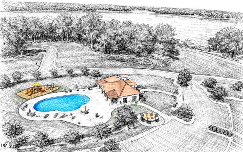 Planned outdoor community swimming pool with a surrounding pool deck