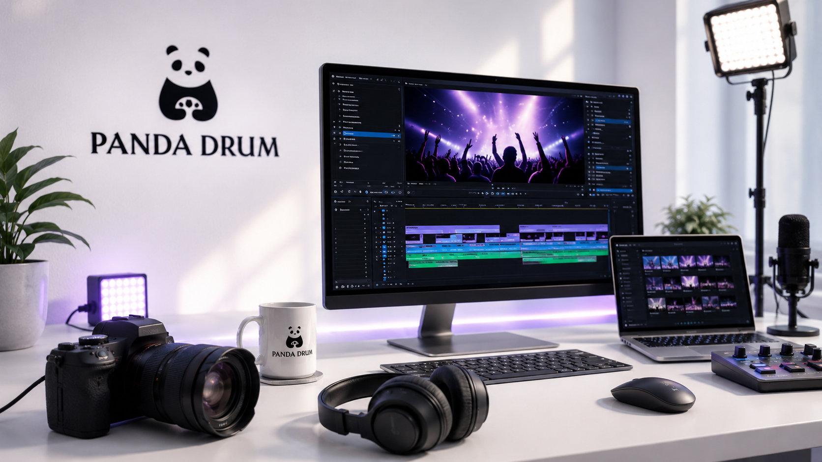 Video editing workspace with Panda Drum branding, cameras and an editing timeline