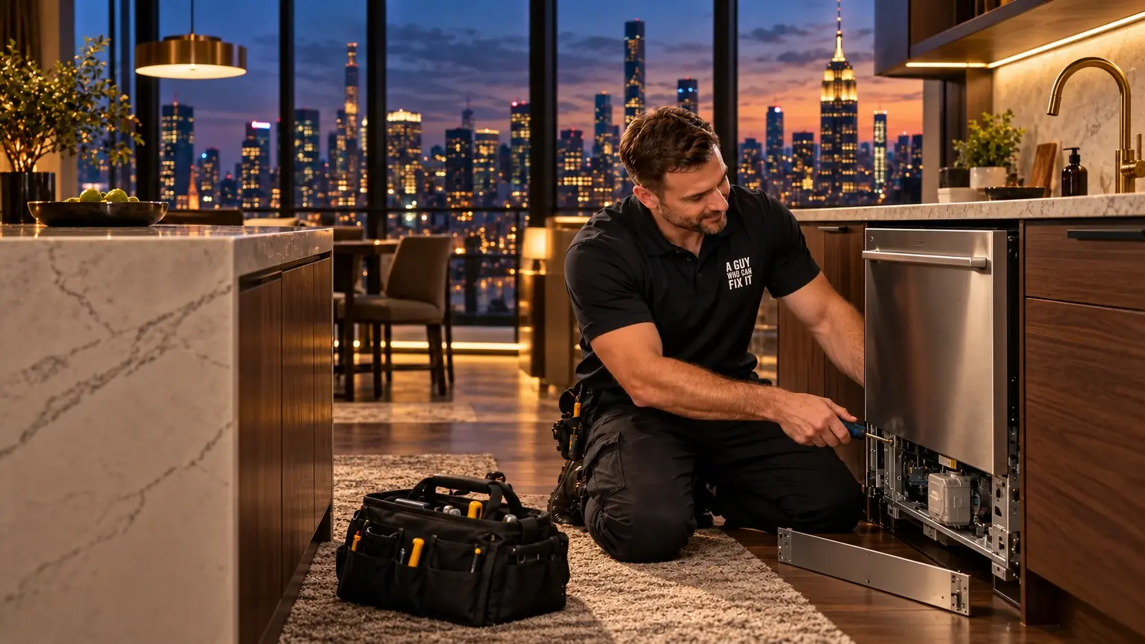 A Guy Who Can Fix It technician servicing a built-in dishwasher in a Manhattan high-rise kitchen