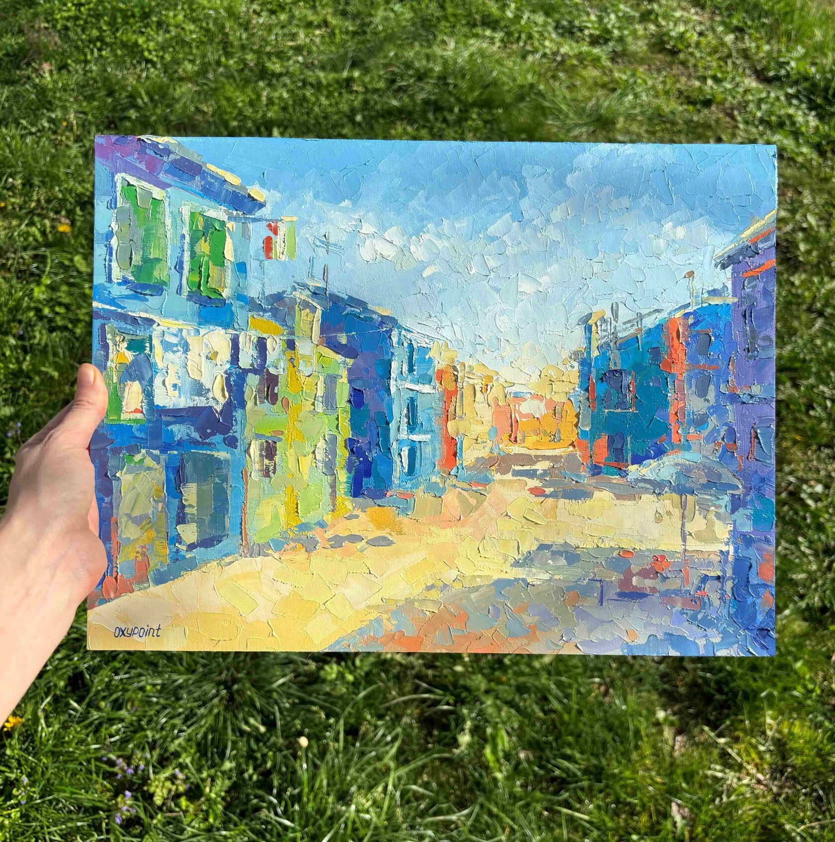 Venice oil painting, Italian landscape abstract art, Colored houses of Burano island knife painting, artist OXYPOINT Oxana Kravtsova, painting for sale 