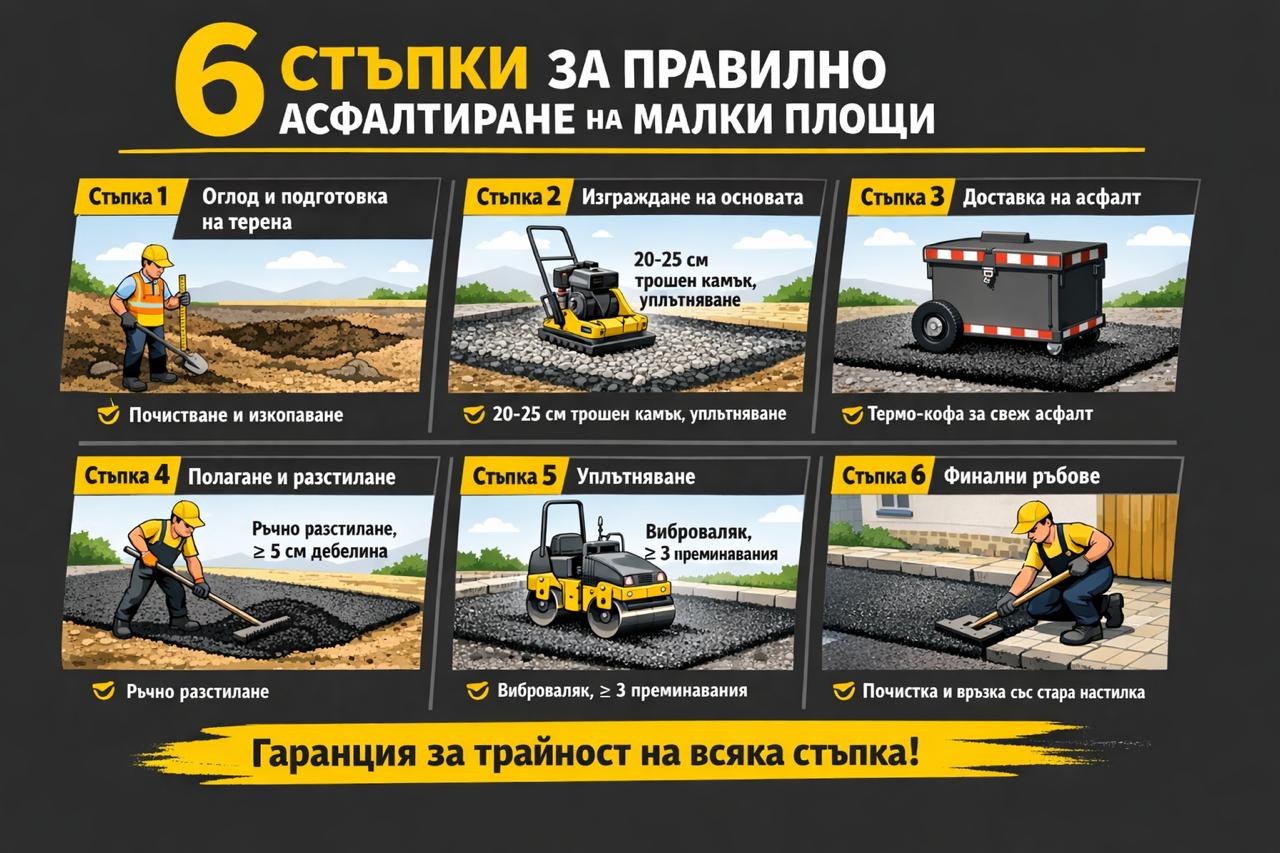 6 стъпки за правилно асфалтиране на малки площи – подготовка, основа, доставка, полагане, уплътняване и финален контрол