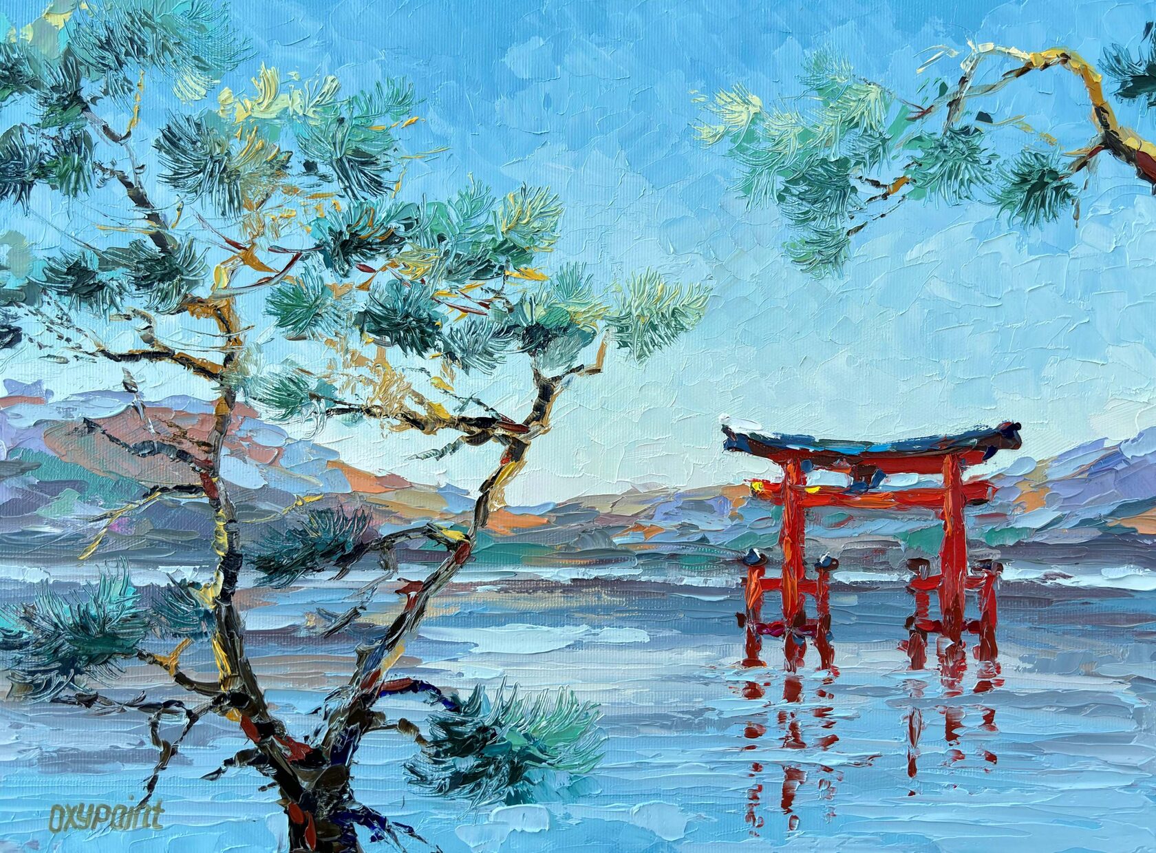 Torii oil painting, Red Japanese Gate palette knife painting, Pine Trees and Lake Engraving modern painting, contemporary artist Kravtsova Oxana Oxypoint, paintings for sale