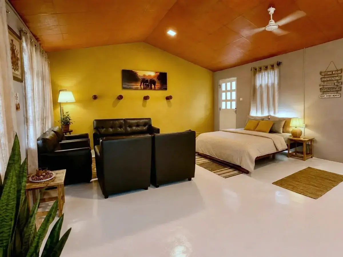 The Tack Room bedroom and lounge prepared for riding-holiday guests at Vonfidel Ranch