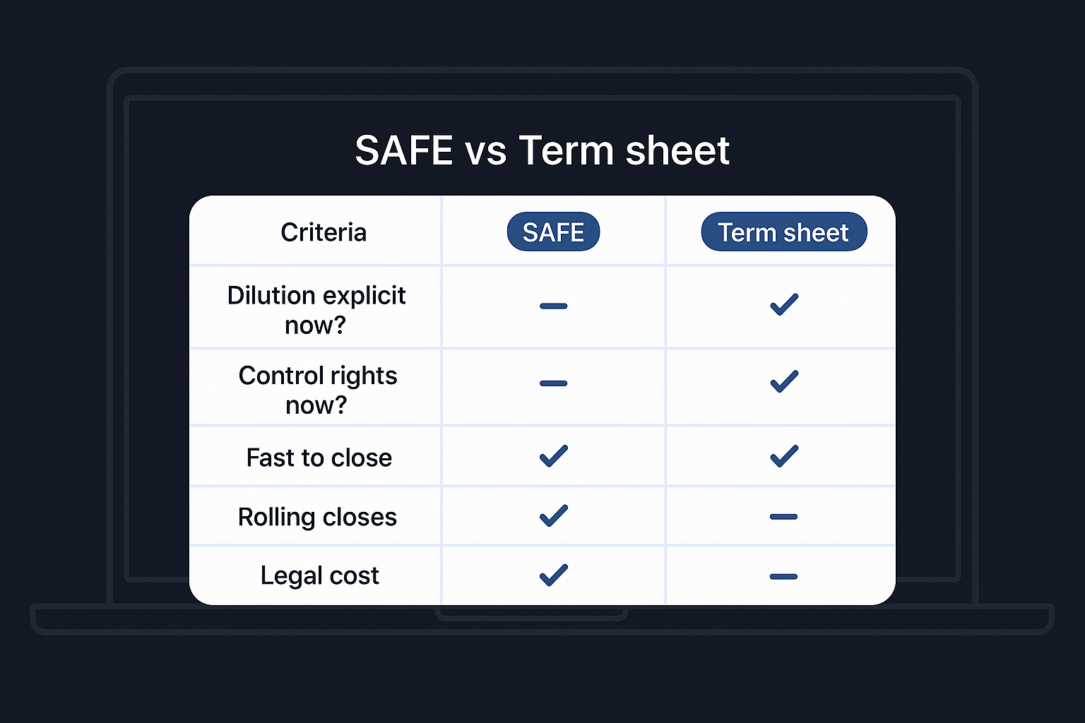 term sheet vs SAFE visual summary for first-time founders