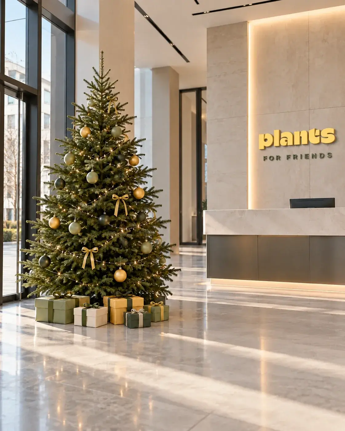 A holiday tree in Plants for Friends colors, olive and gold ornaments, beside a reception desk with the Plants for Friends logo