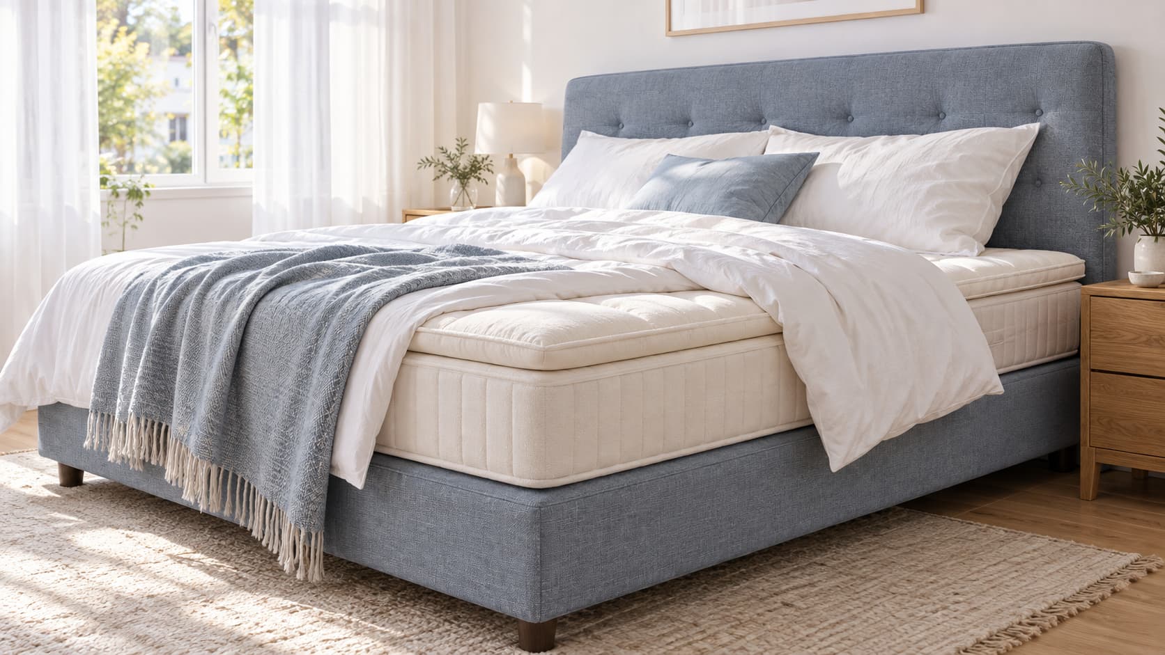 Boxspringbett reinigen – Shikardos Reinigung Helles Schlafzimmer mit Boxspringbett, die Bettdecke ist zurückgeschlagen und zeigt Topper und Matratze im weichen Morgenlicht. Shikardos Reinigung aus Frankfurt erklärt, wie man Topper, Matratze und Box richtig reinigt.