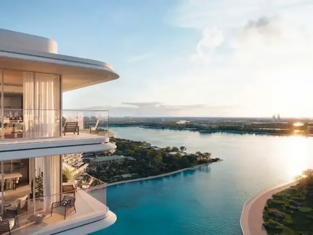 Modon Hudayriyat Island terrace residence at golden hour, Abu Dhabi
