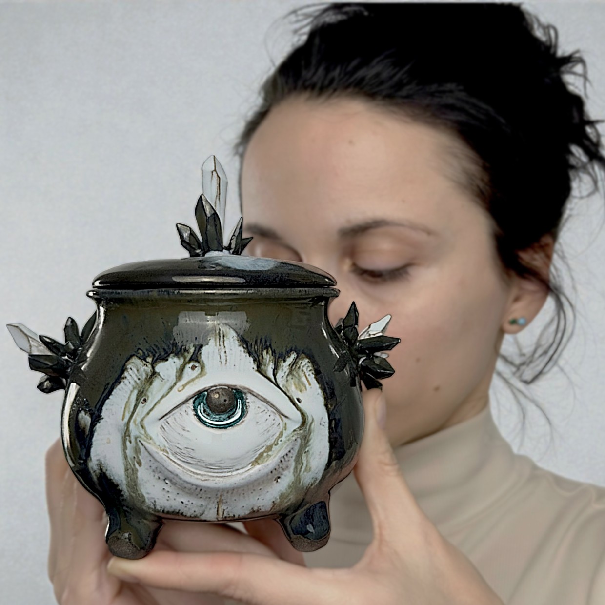 Handmade ceramic witchy jar with lid and eye design, mystical clay sugar bowl with magical decor