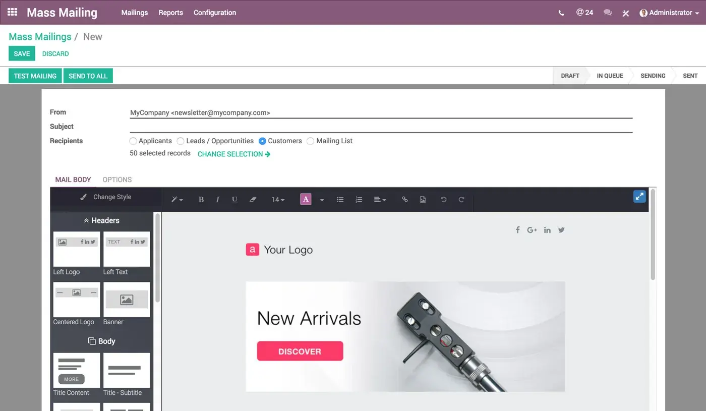 Odoo Email marketing: xat muharriri, qabul qiluvchilar roʻyxati va yuborish sozlamalari