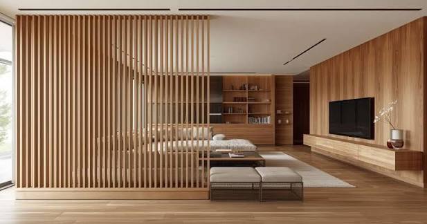 Contemporary interior with wood ceiling and partition