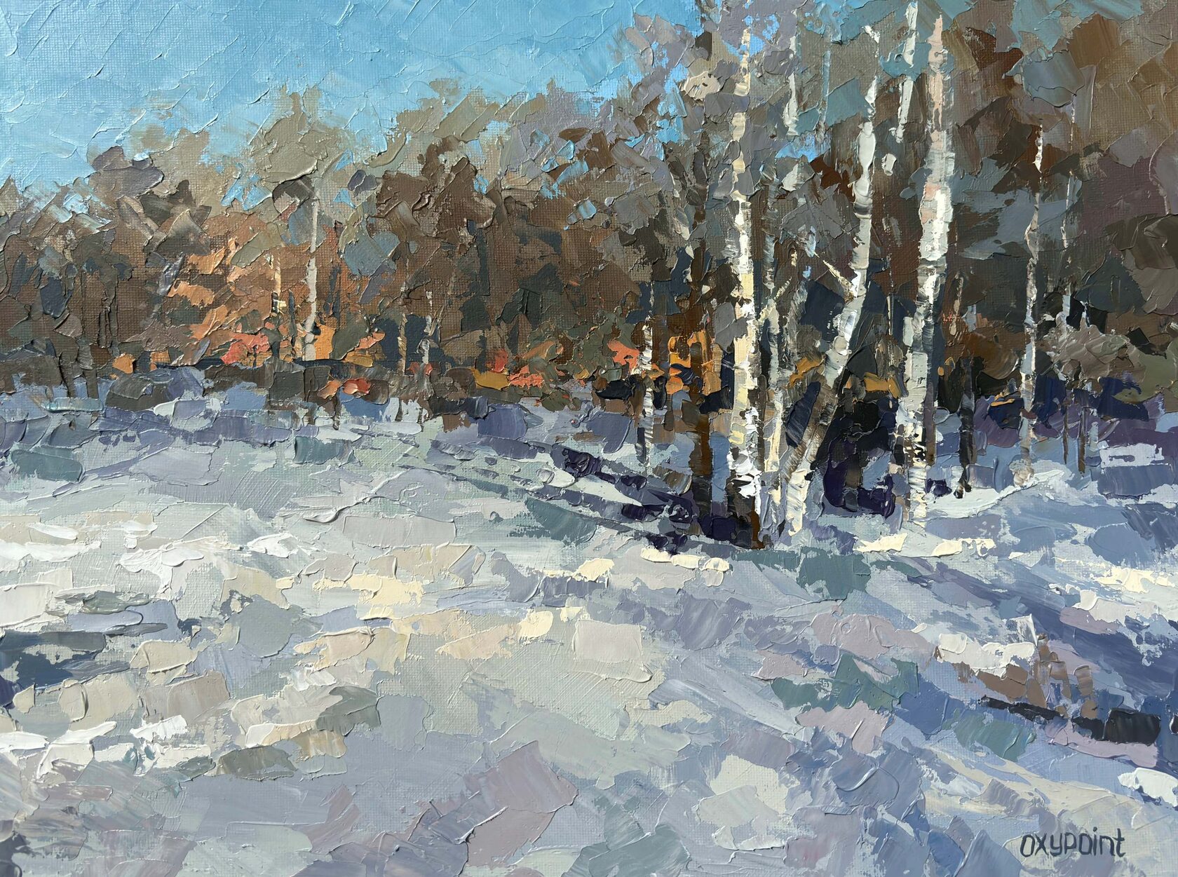 Winter grove oil painting, snow abstract art, winter forest knife painting, artist OXYPOINT Oxana Kravtsova