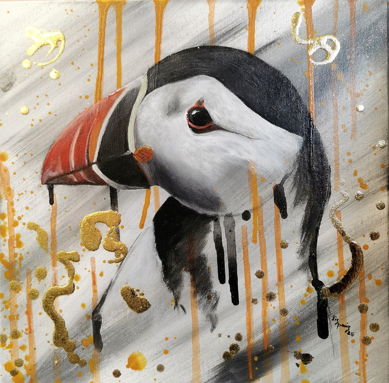 Papageientaucher Gemälde Original – Wildnis und fragile Schönheit