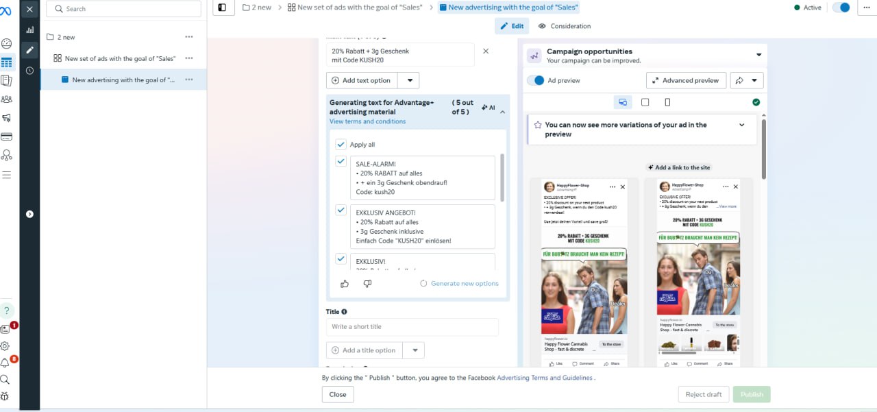 Настройка рекламного объявления Meta Ads для 4:20 shop