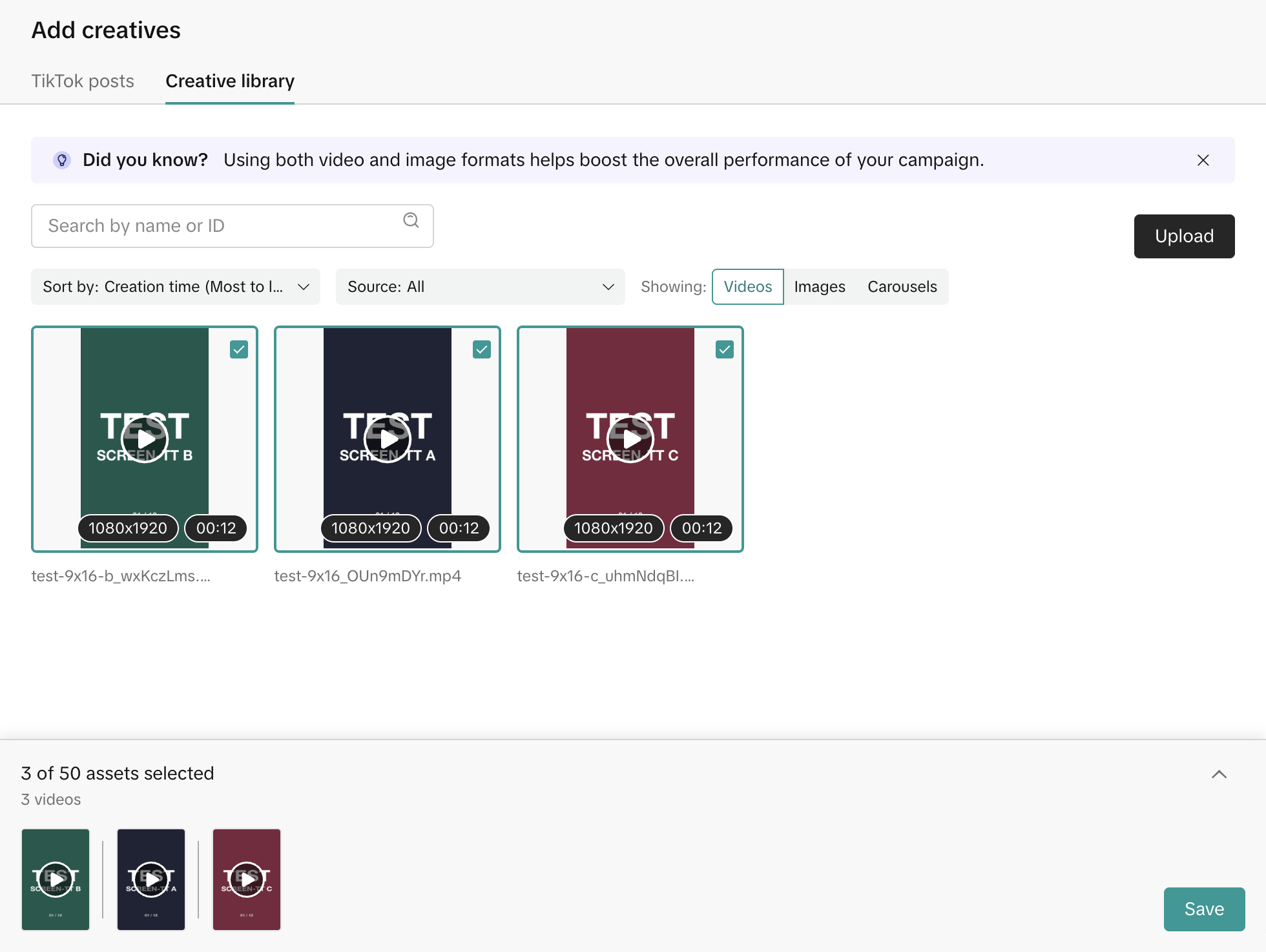 Выбор роликов из Creative library для объявления Smart+ TikTok