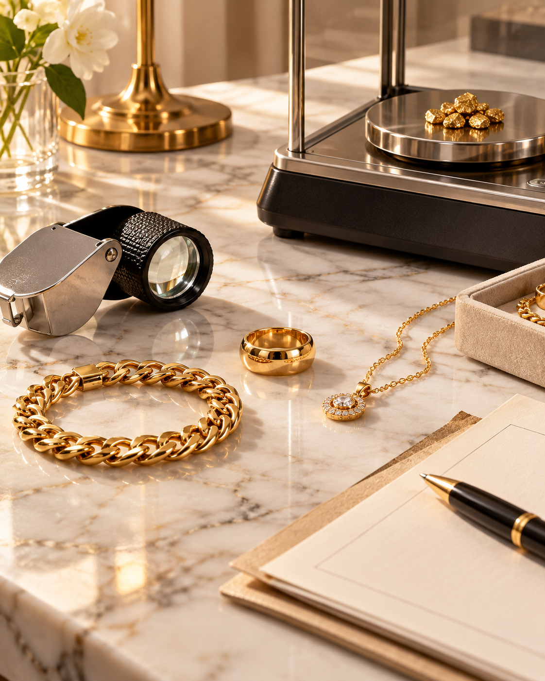 Gold jewelry with bracelet, ring, pendant, loupe and precision scale prepared for professional valuation and resale assessment