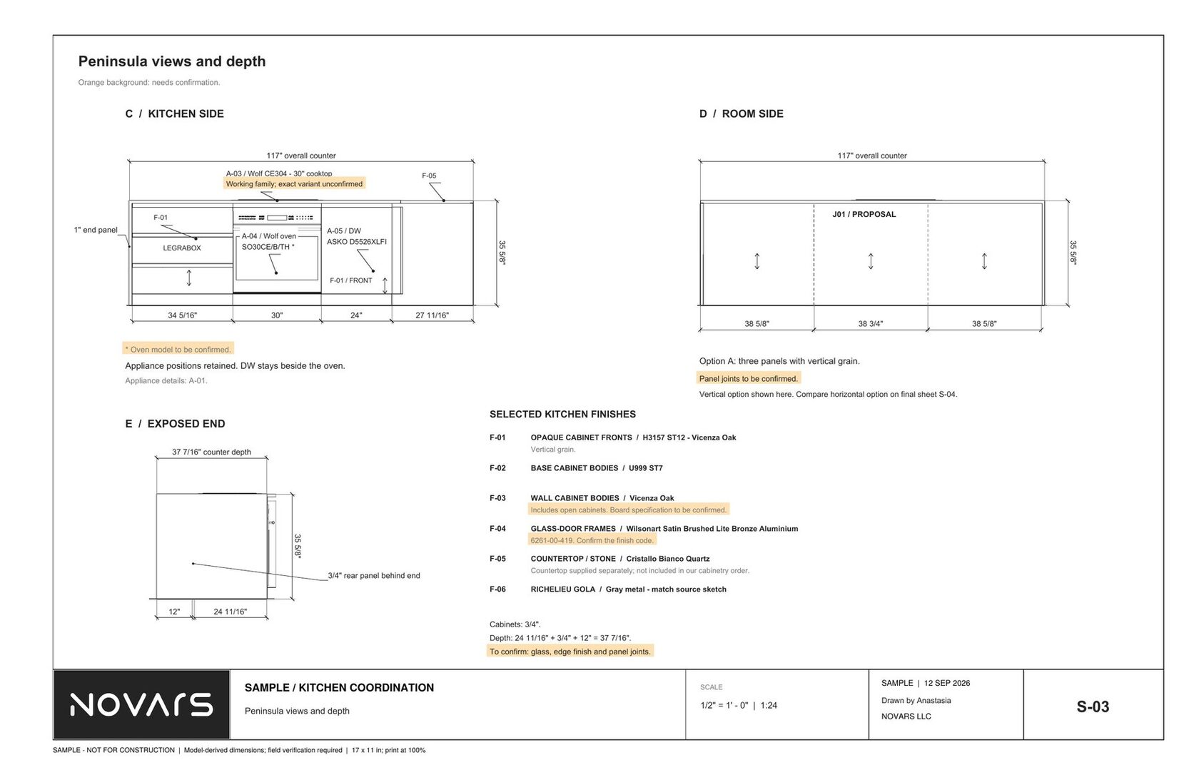 Peninsula elevations from the kitchen side and room side with cooktop, oven and dishwasher positions