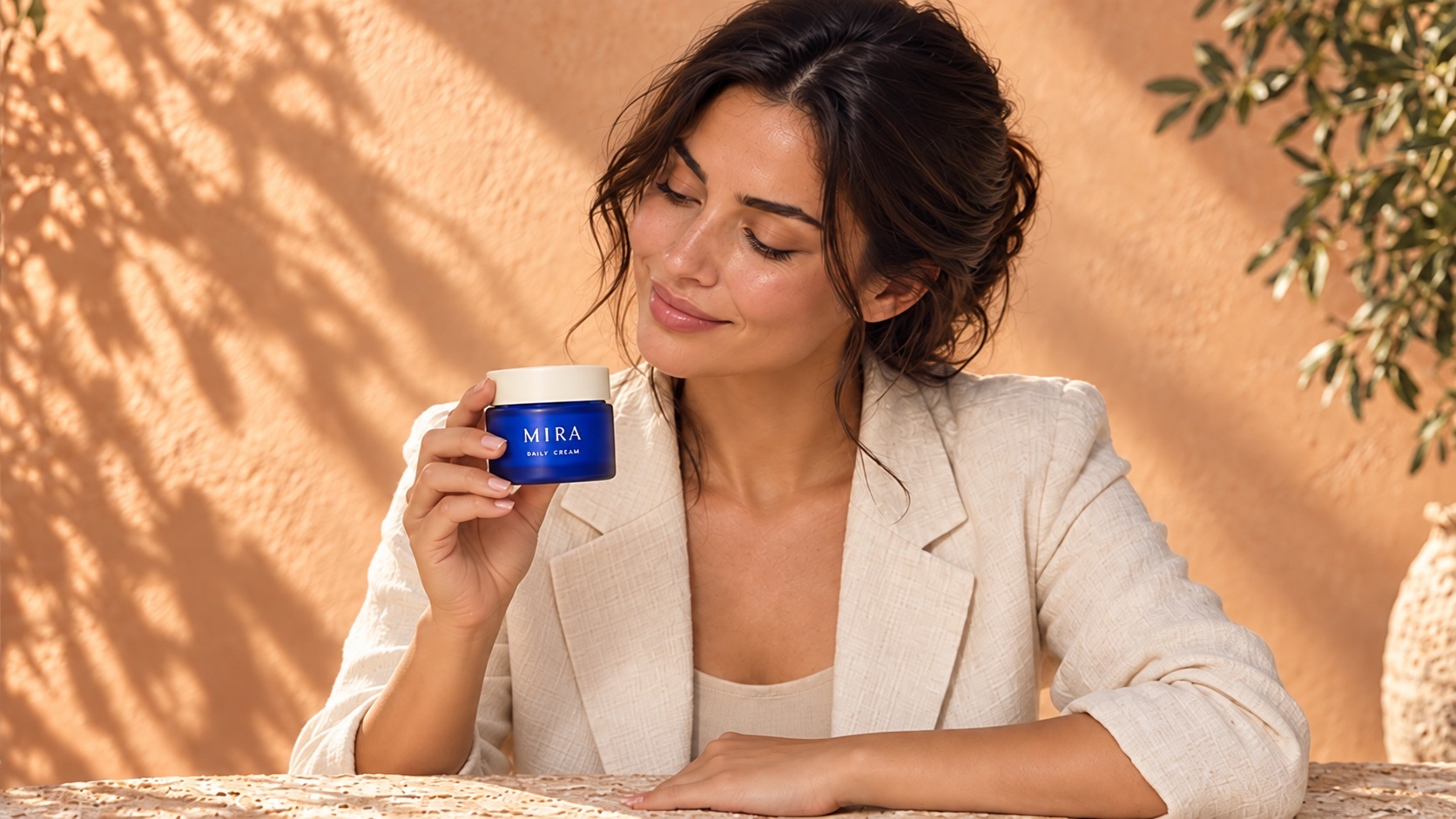 Illustrative variation with the same fictional blue skincare jar held at chest level.