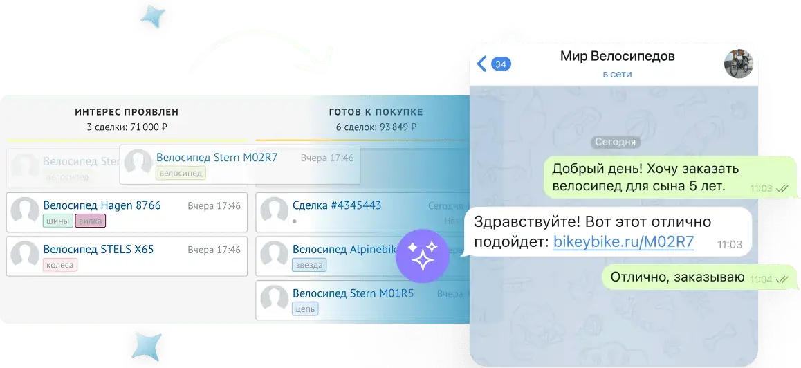AI agent Telegram da mijozga tovar havolasini yuboradi va bitim voronkada siljiydi