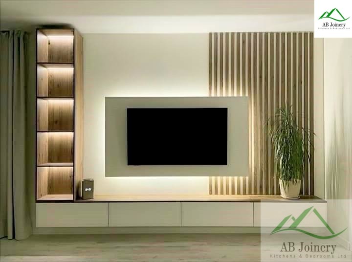 Bespoke media wall with integrated TV and electric fire