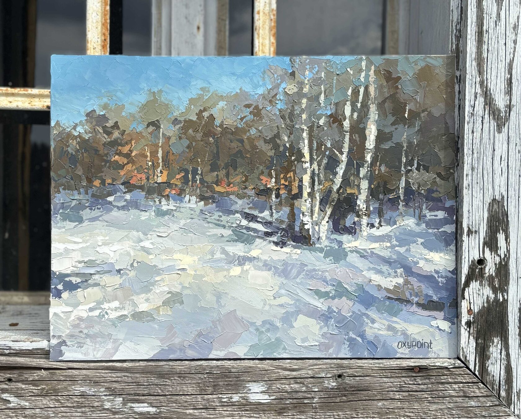 Winter grove oil painting, snow abstract art, winter forest knife painting, artist OXYPOINT Oxana Kravtsova