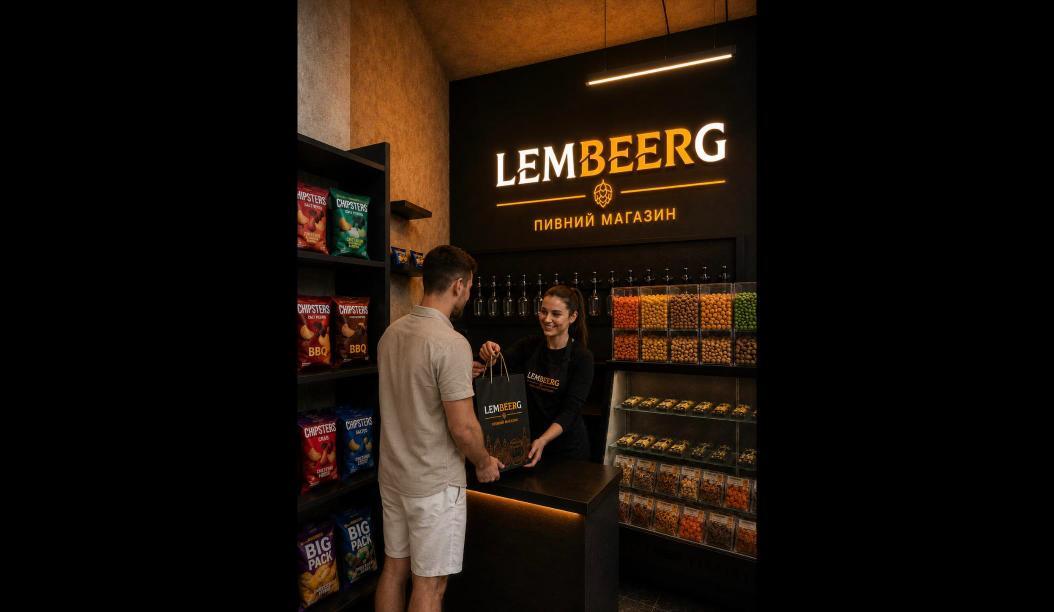 Логотип пивного магазину LEMBEERG в інтер’єрі