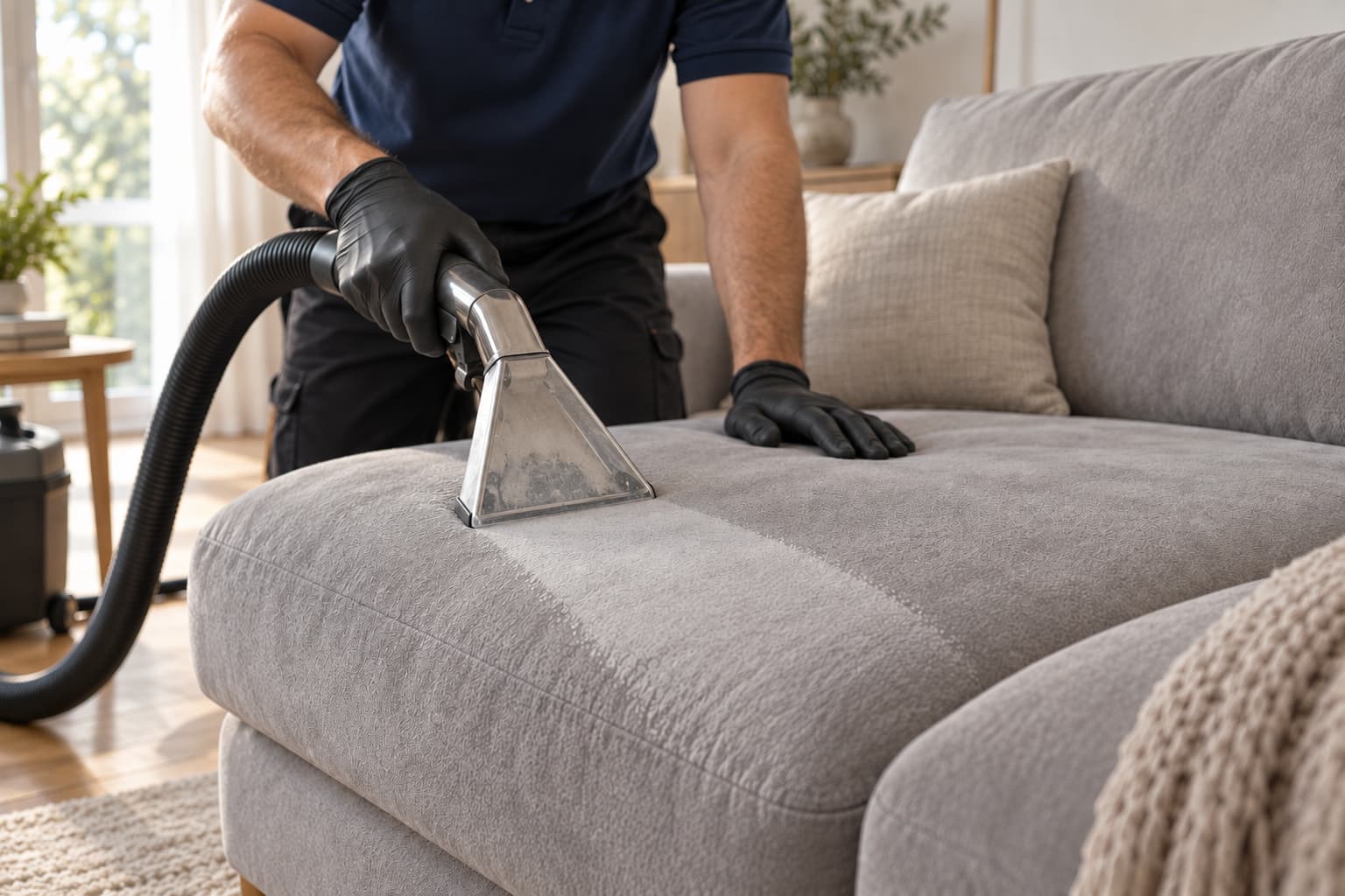 Mikrofaser-Sofa reinigen lassen in Frankfurt – Shikardos Reinigungsprofi führt eine Sprühextraktionsdüse über die Sitzfläche eines hellgrauen Mikrofaser-Sofas, hinter der Düse ist eine sichtbar sauberere Spur im Gewebe zu erkennen. Shikardos Reinigung löst Flecken und Wasserränder direkt beim Kunden in Frankfurt und saugt Feuchtigkeit samt Schmutz im selben Arbeitsgang wieder aus der Faser heraus.