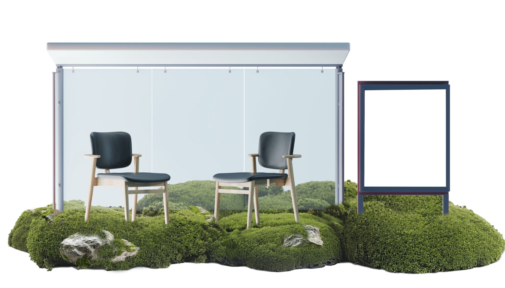 A glass bus stop with two chairs standing on an island of moss, a poster board beside it
