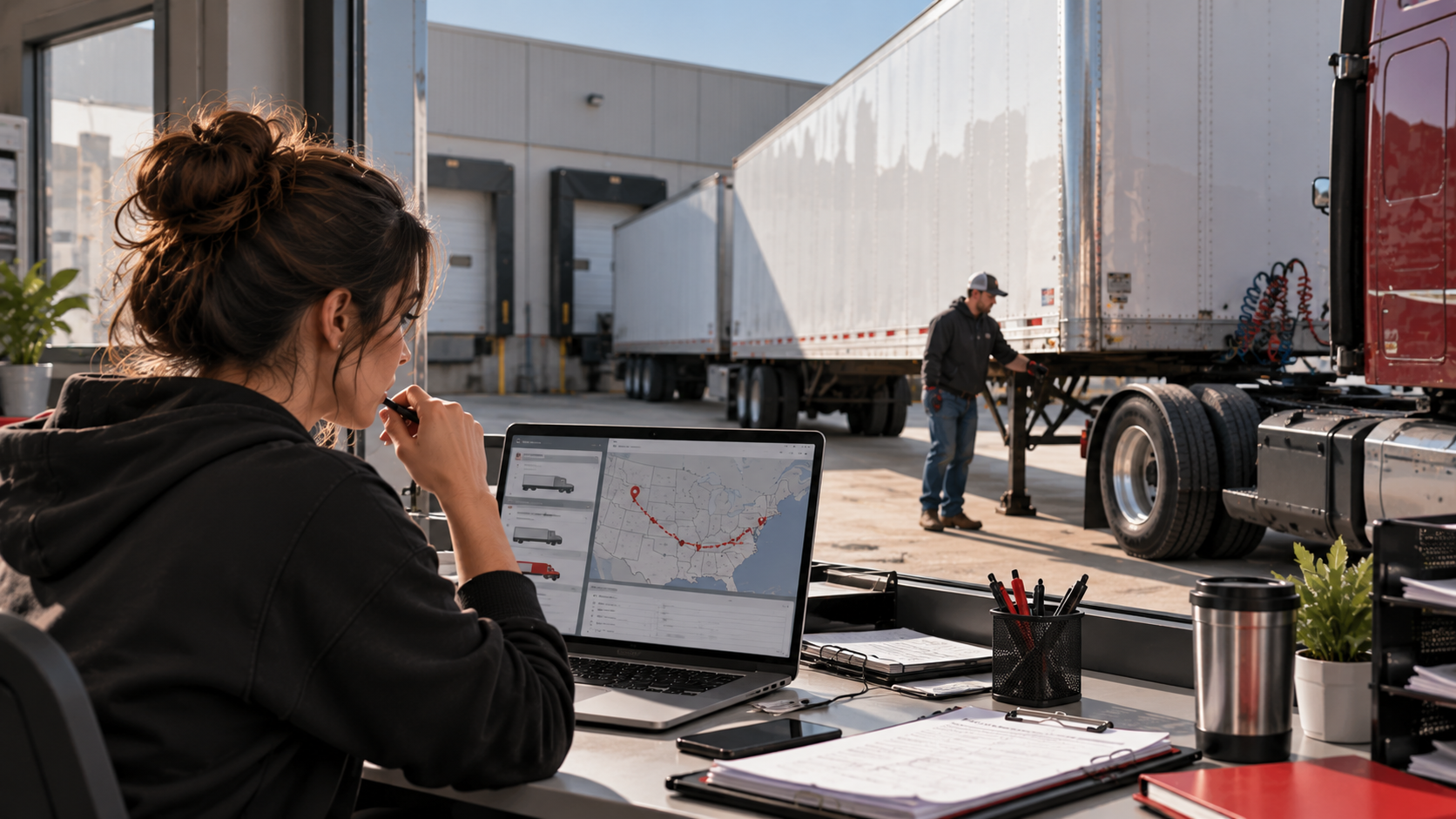A tractor arriving to hook a shipper-provided trailer while a dispatcher reviews the route and facility details