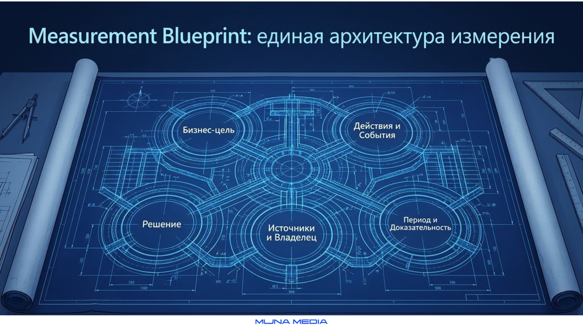 Measurement Blueprint: бизнес-цель, действия и события, решение, источники и владелец, период и доказательность — Muna Media