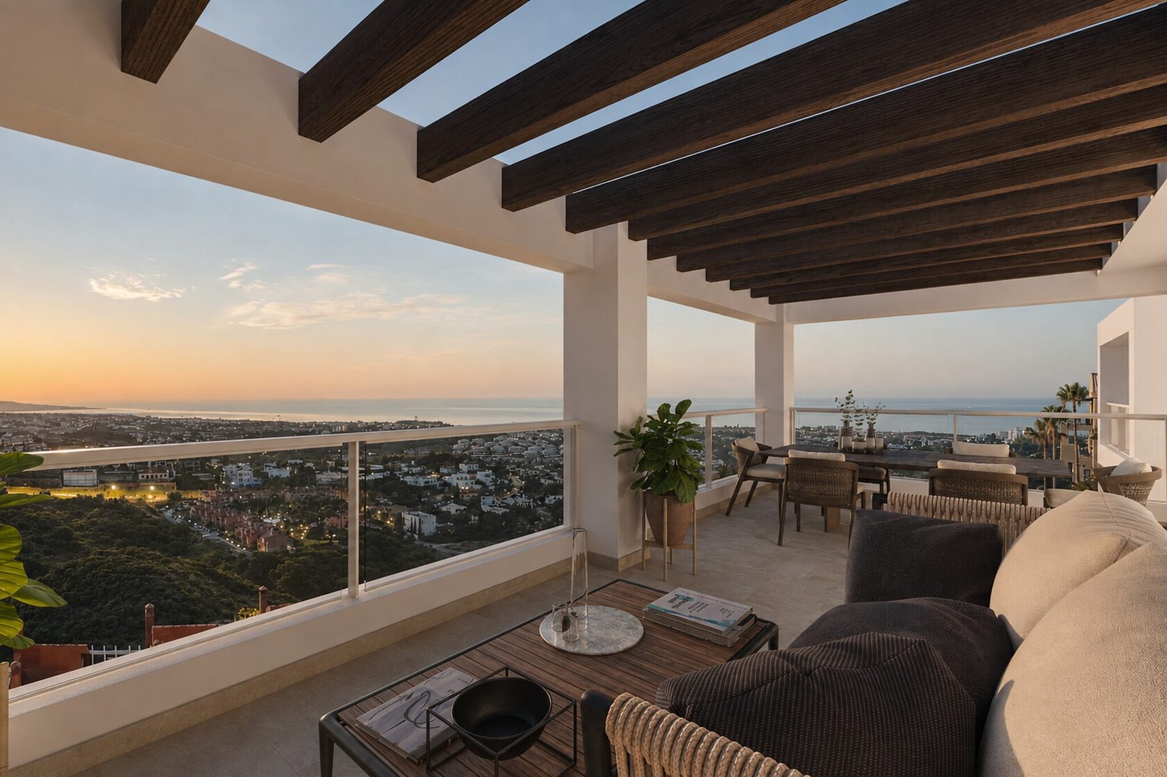 Terrace at dusk overlooking the coast
