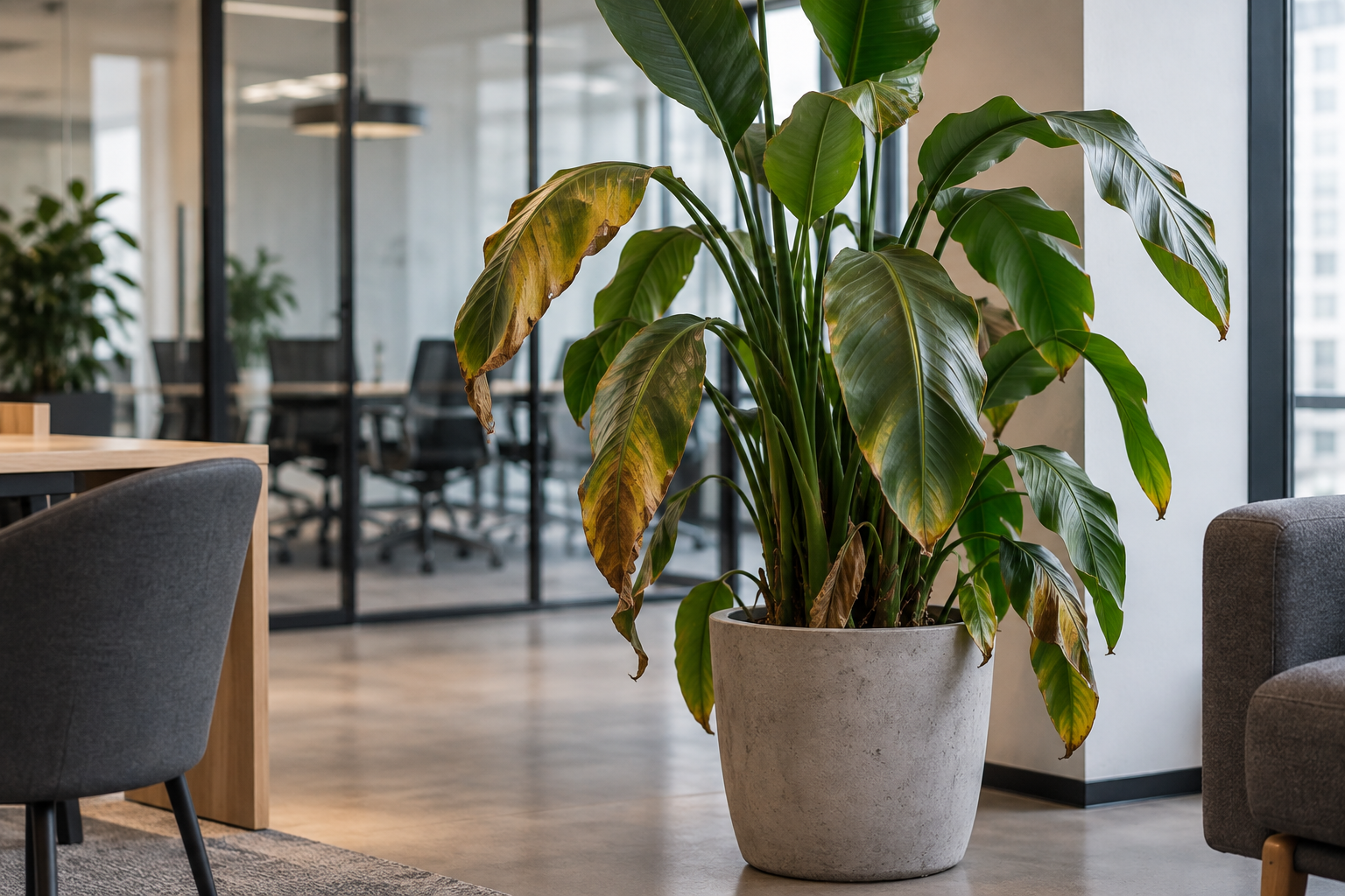 Large office plant in a concrete planter with yellowing, browning leaves in an open-plan office