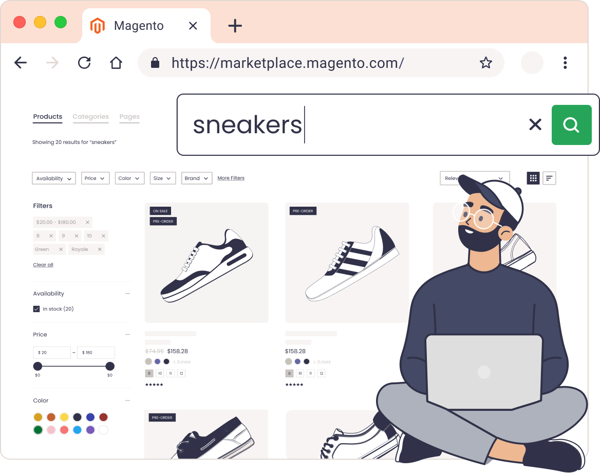 Magento search results page with sneakers search query