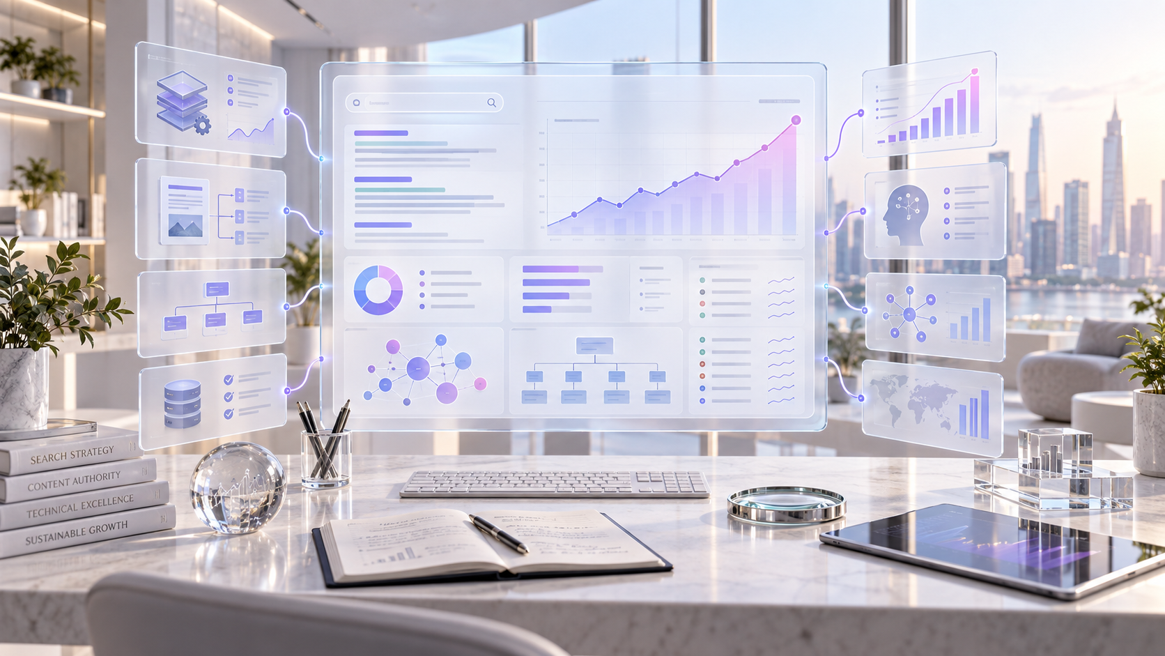SEO and growth marketing workspace with organic performance analytics, keyword clusters and search visibility data