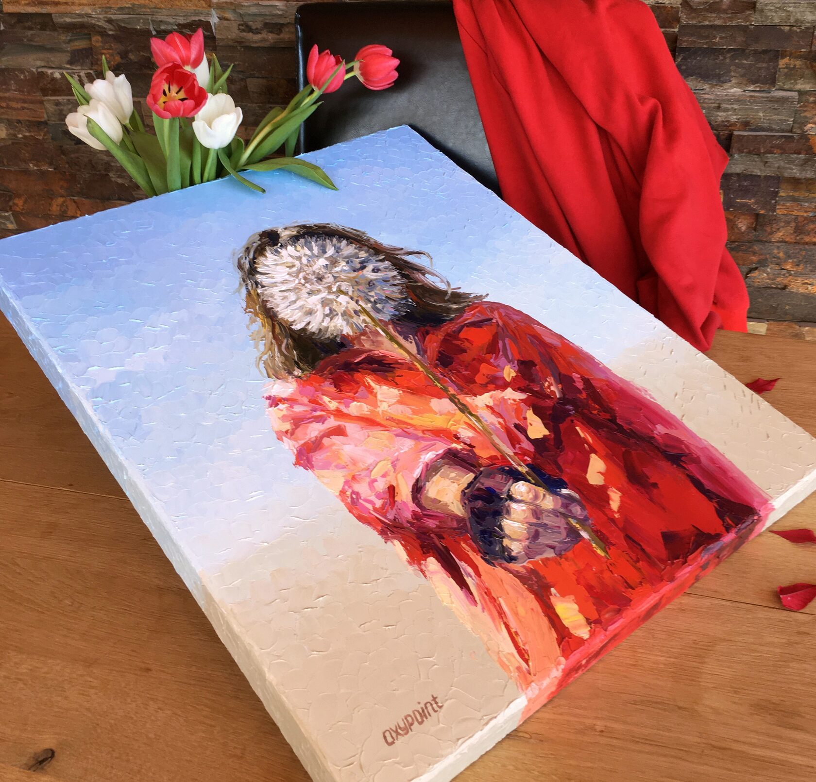 woman with dandelion oil painting