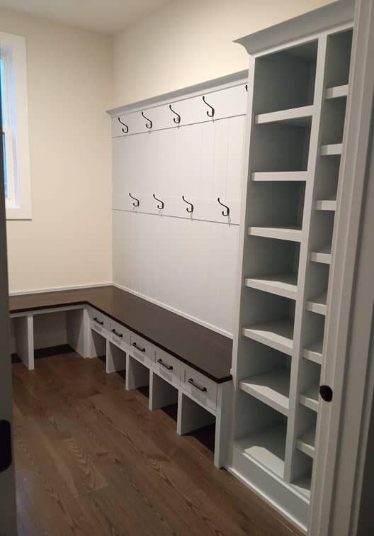 Mudroom shoe cabinet in gray color with built-in bench with hooks and drawers 
