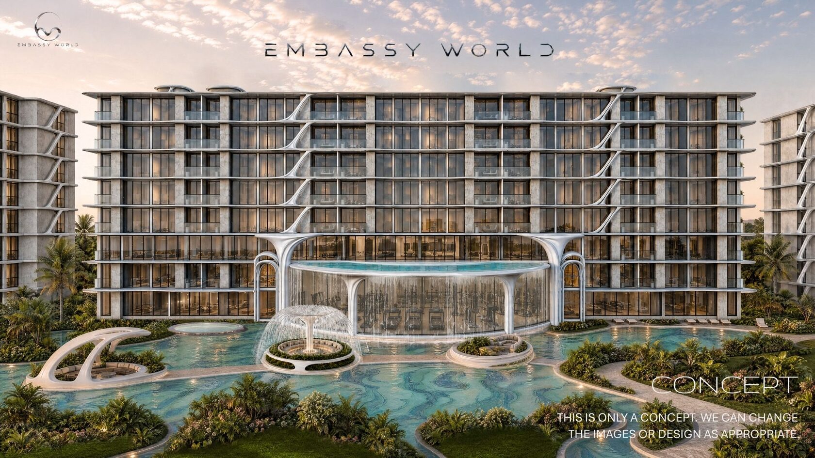Lagoon, fountain and pavilion at the main entrance at Embassy World Pattaya