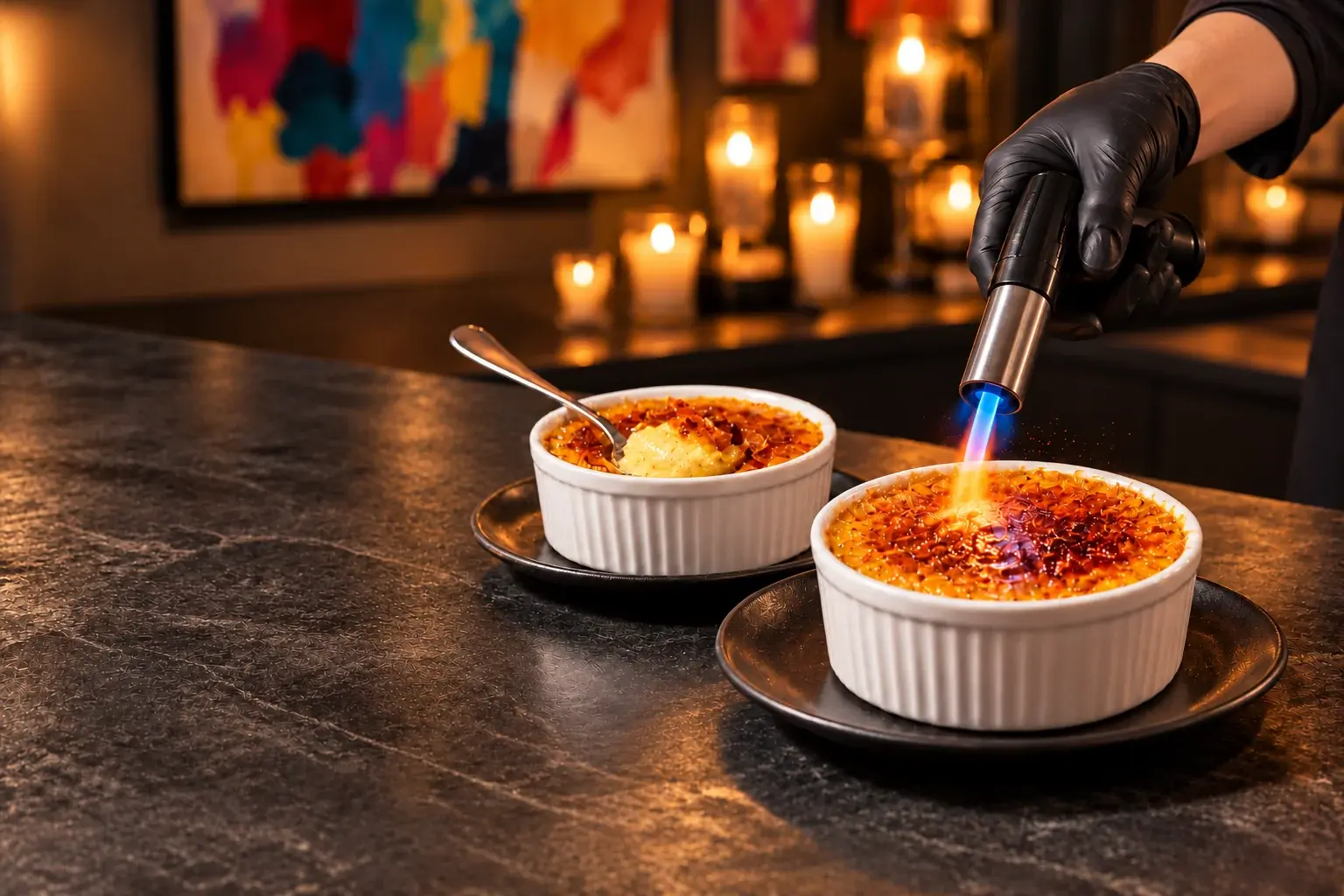Crème Brûlée: Classic Vanilla Bean Crème Brûlée with a Flawless Caramelized Sugar Crust, a last touch of the torch — private chef Marina Staver, Miami